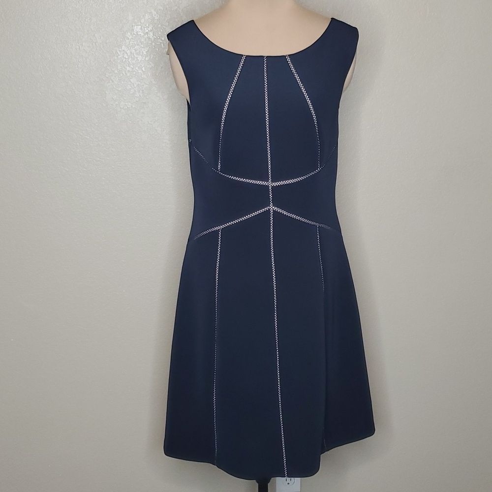 Calvin Klein Altered 12 Navy Blue Fit and Flare Dress with ladder lace inset